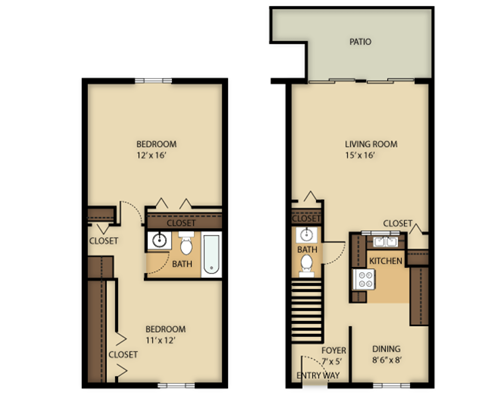 A floor plan of a two bedroom apartment with a living room and a kitchen.